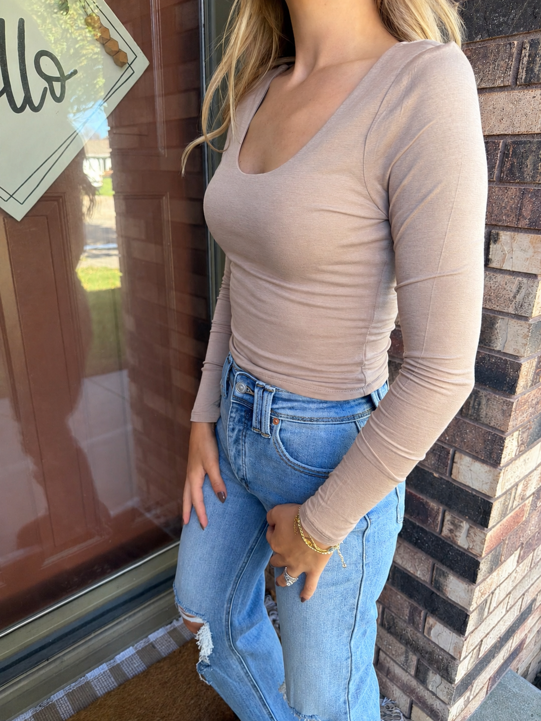 Double Layered Long Sleeve Scoop Tee - Taupe