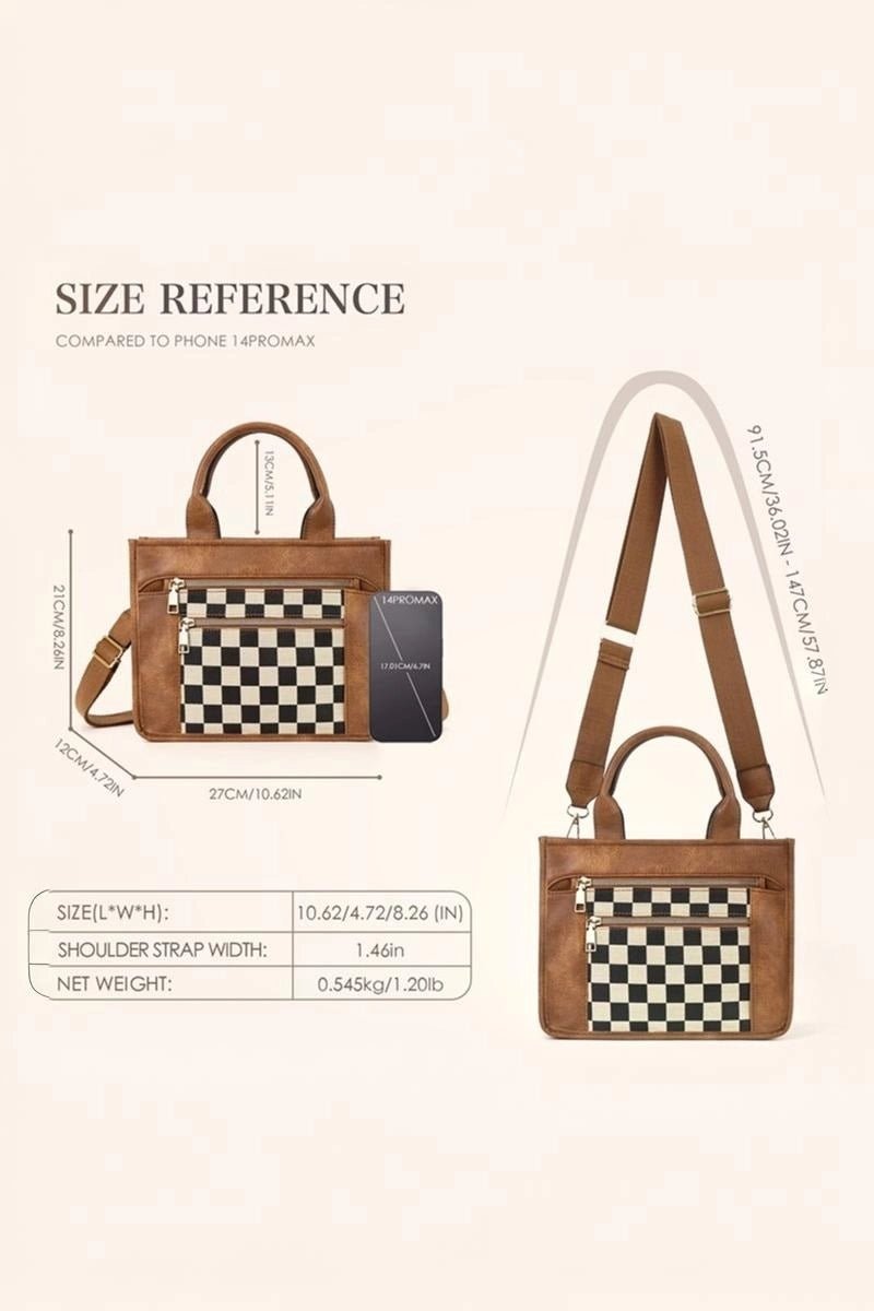 CHECKERED CANVAS TOTE BAG - CAMEL