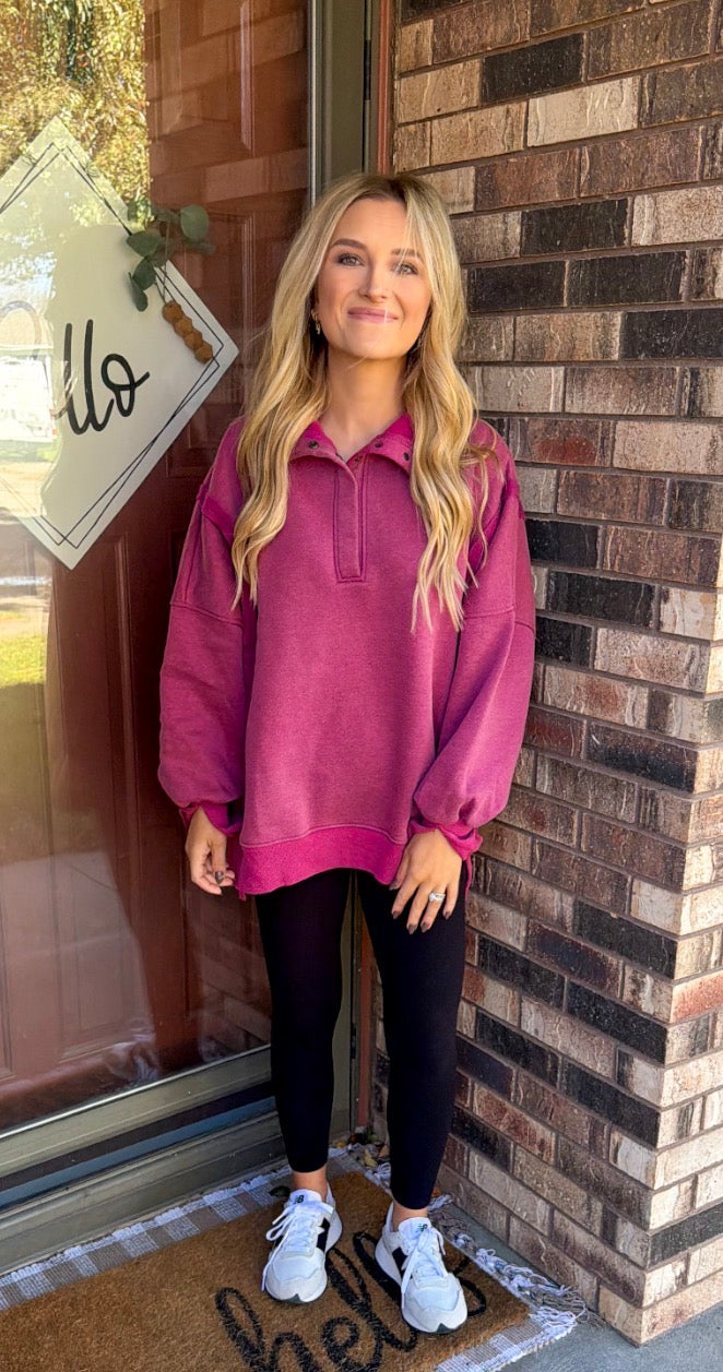 MINERAL WASH SNAP PULLOVER - RASPBERRY