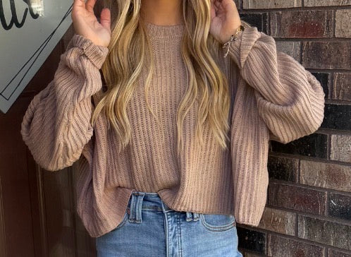 COZY RIBBED KNIT SWEATER - TAUPE