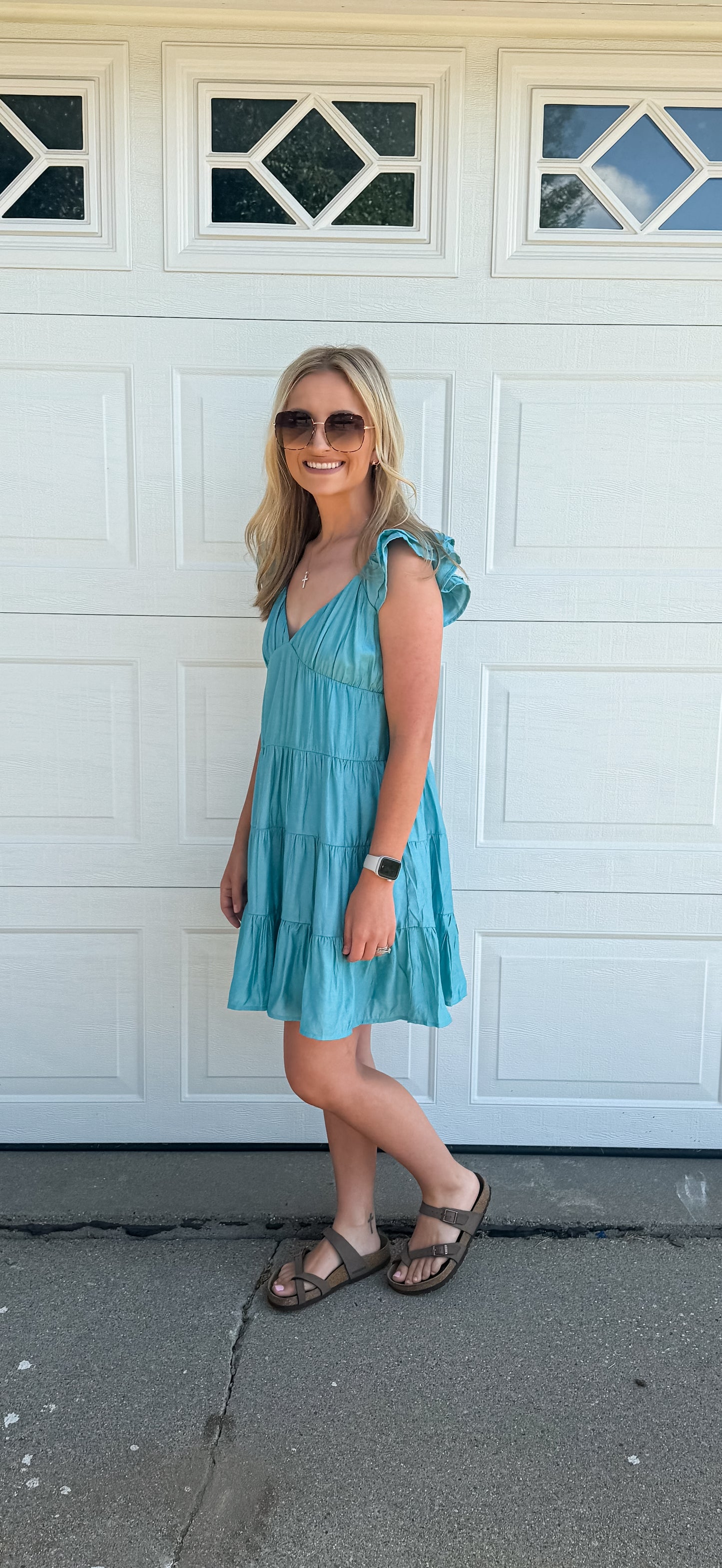 V-Neck Tiered Babydoll Dress - Blue