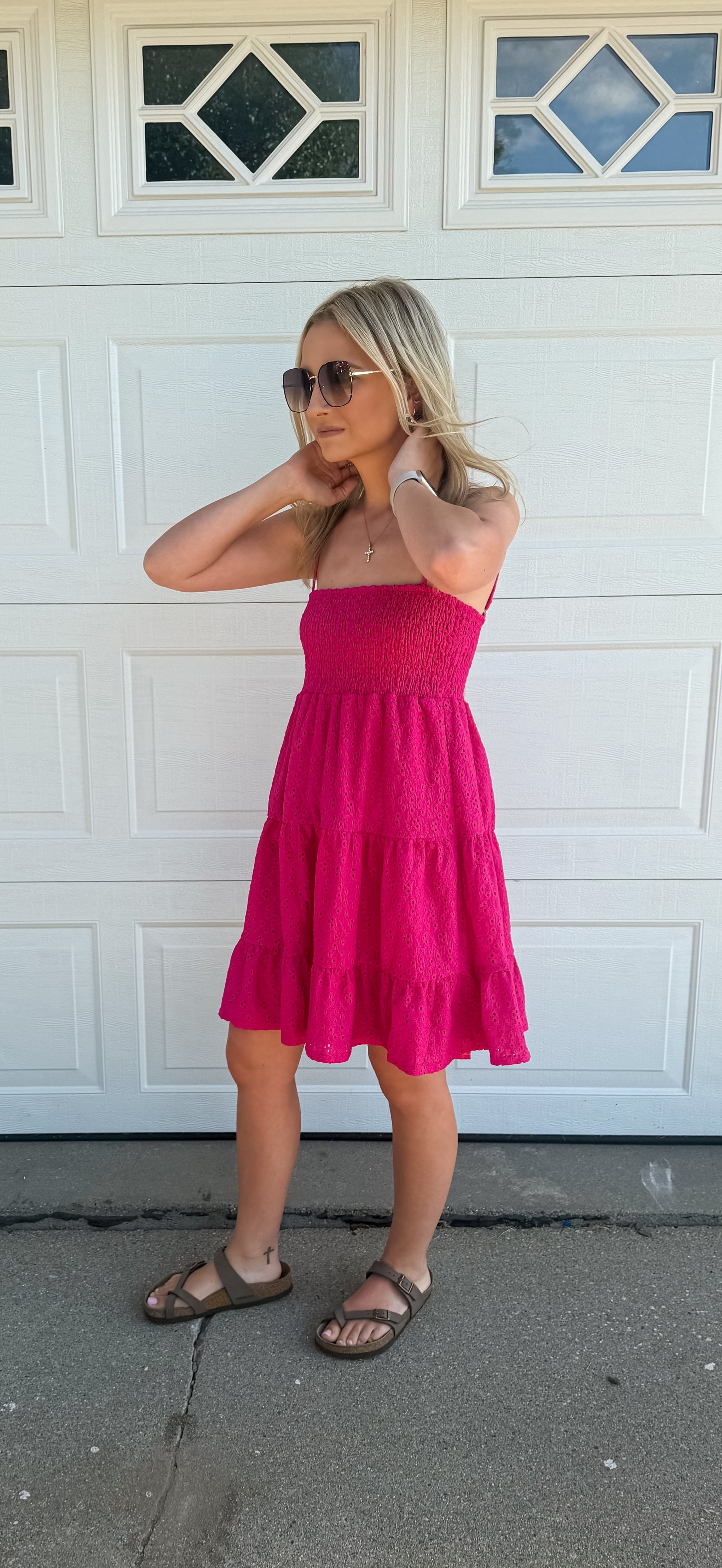 Eyelet Lace Mini Dress - Fuchsia