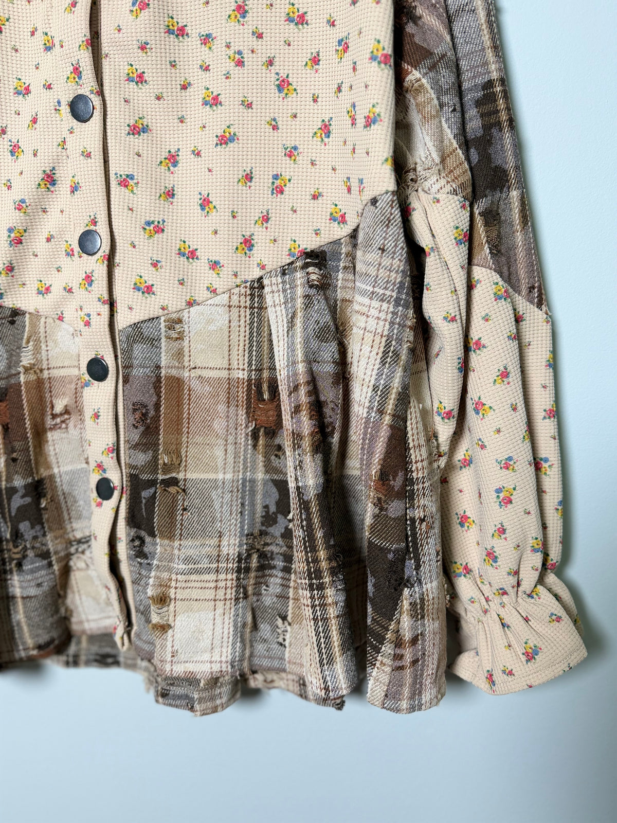Floral Plaid Patchwork Distressed Shacket