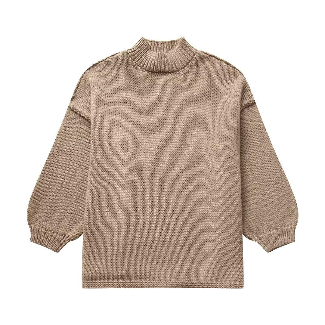 Balloon Sleeve Mockneck Sweater - Khaki