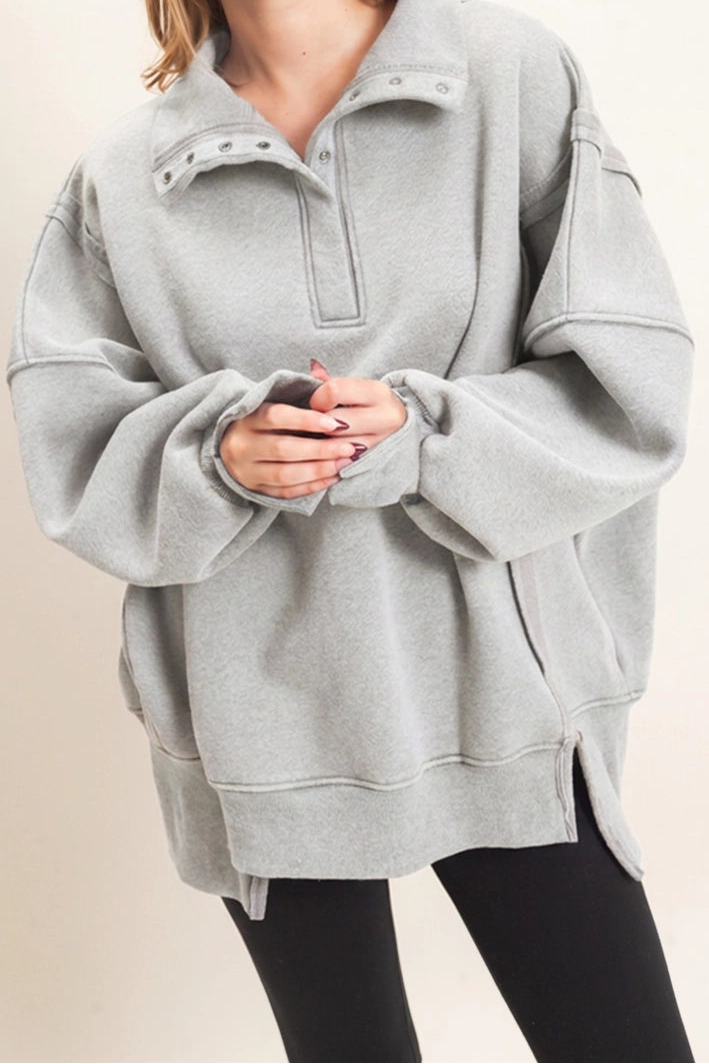 MINERAL WASH SNAP PULLOVER - HEATHER GREY