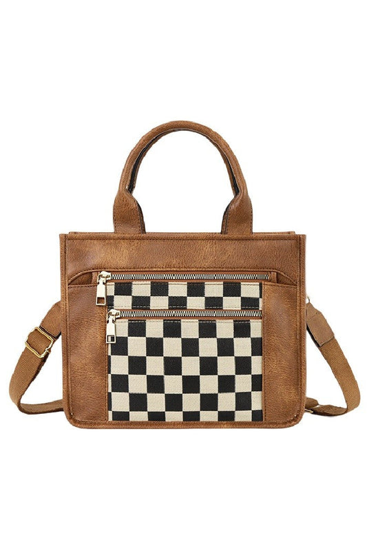CHECKERED CANVAS TOTE BAG - CAMEL