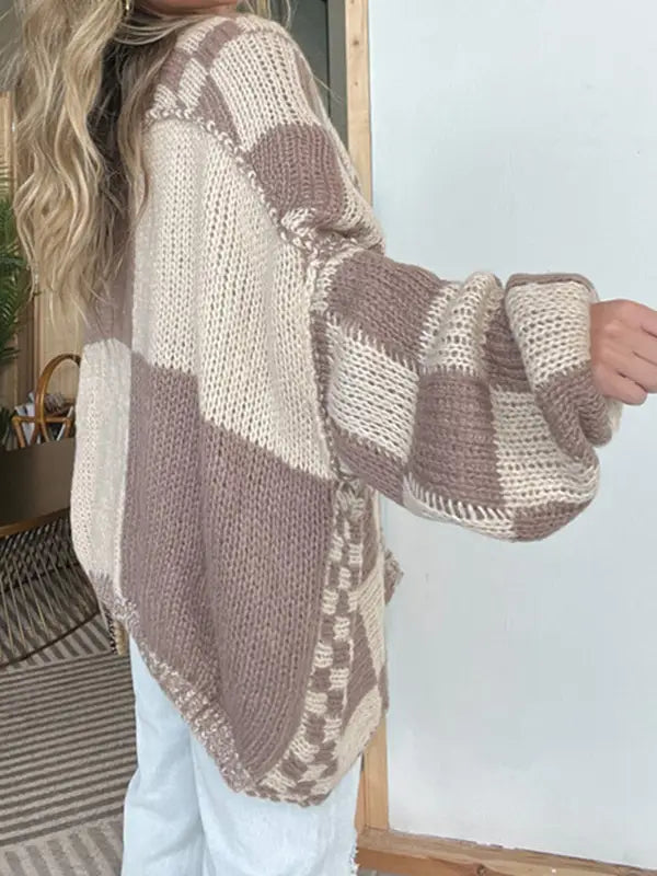 Checkerboard Knit Cardigan - Taupe