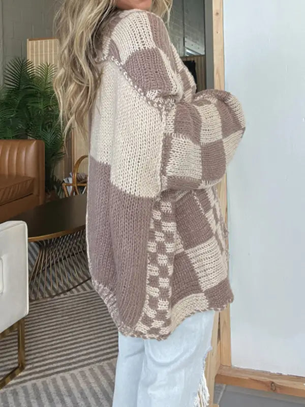 Checkerboard Knit Cardigan - Taupe