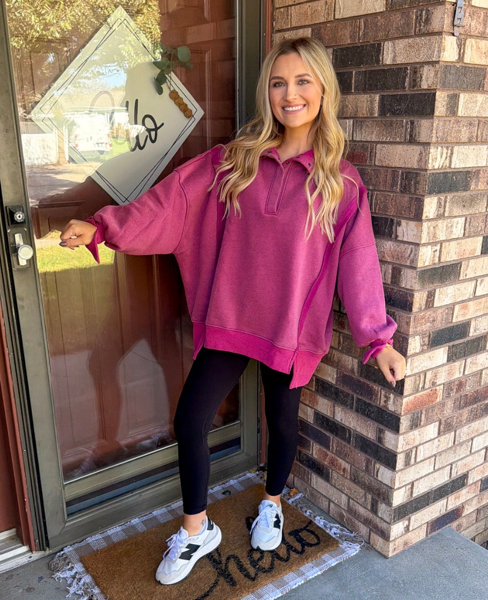 MINERAL WASH SNAP PULLOVER - RASPBERRY