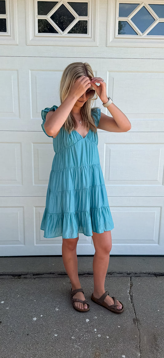 V-Neck Tiered Babydoll Dress - Blue