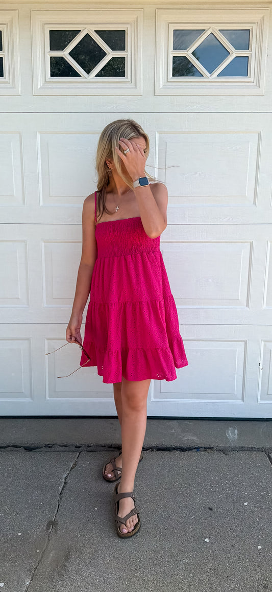 Eyelet Lace Mini Dress - Fuchsia