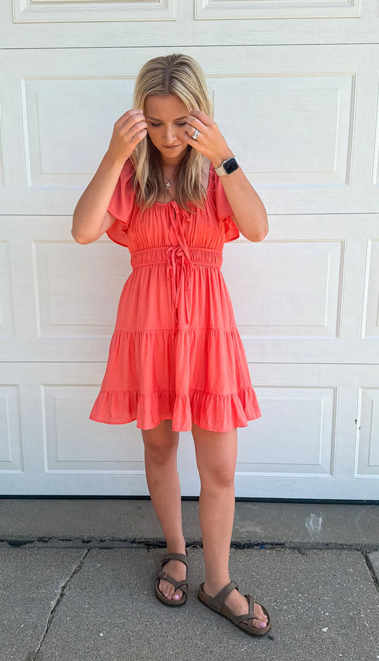 Front Tie Mini Dress - Coral