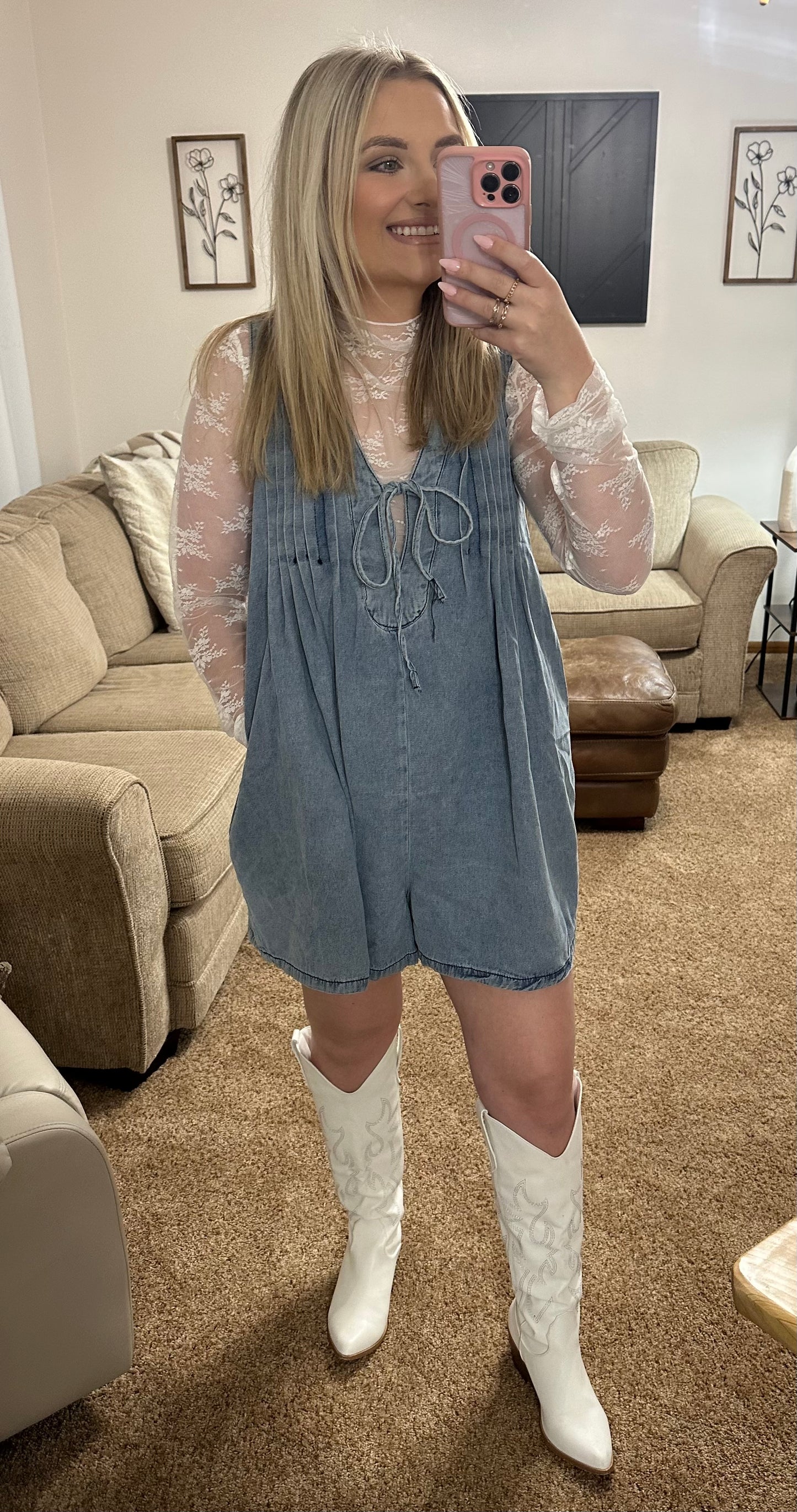 Tie Front V-Neck Denim Romper