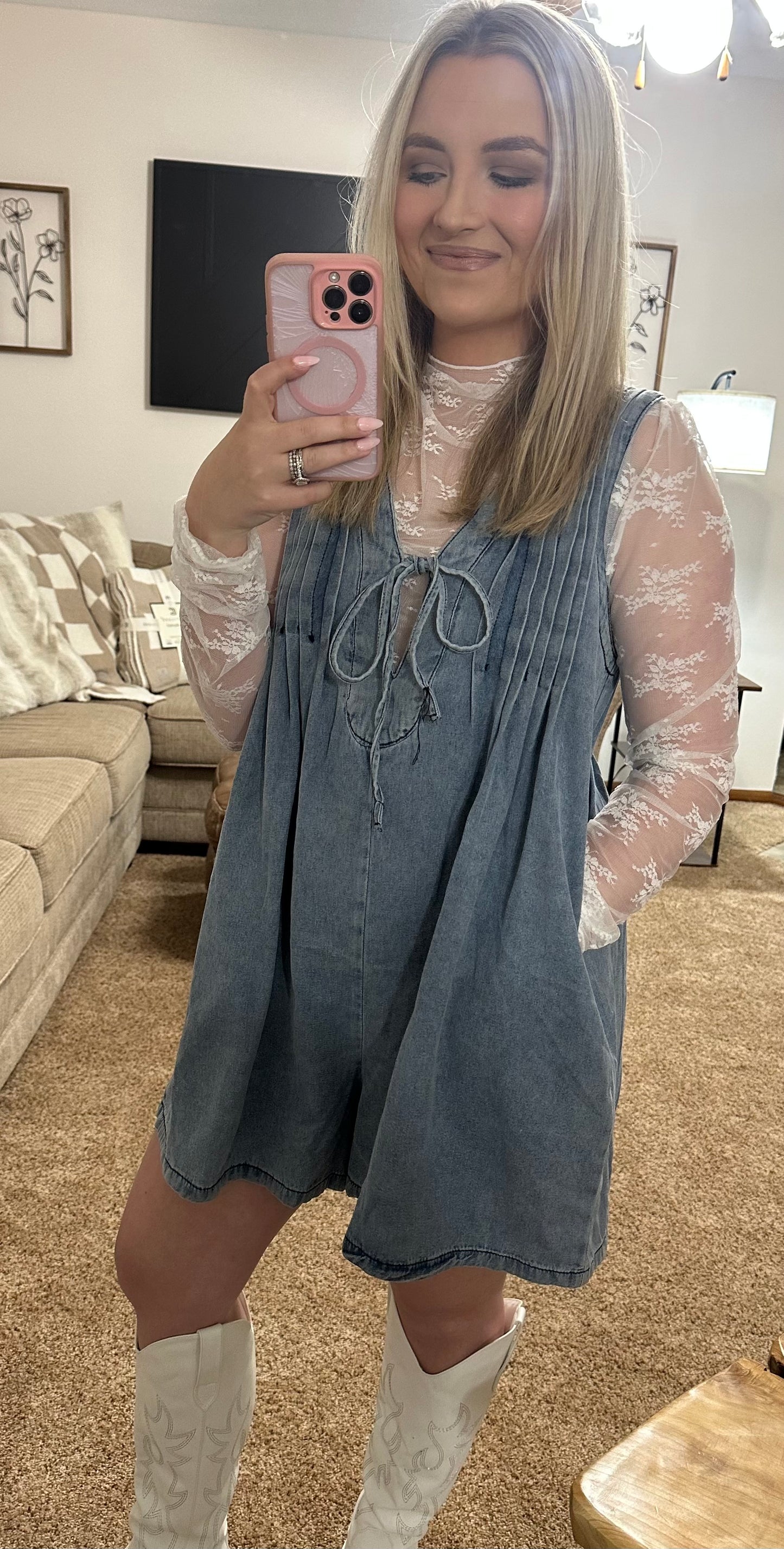 Tie Front V-Neck Denim Romper