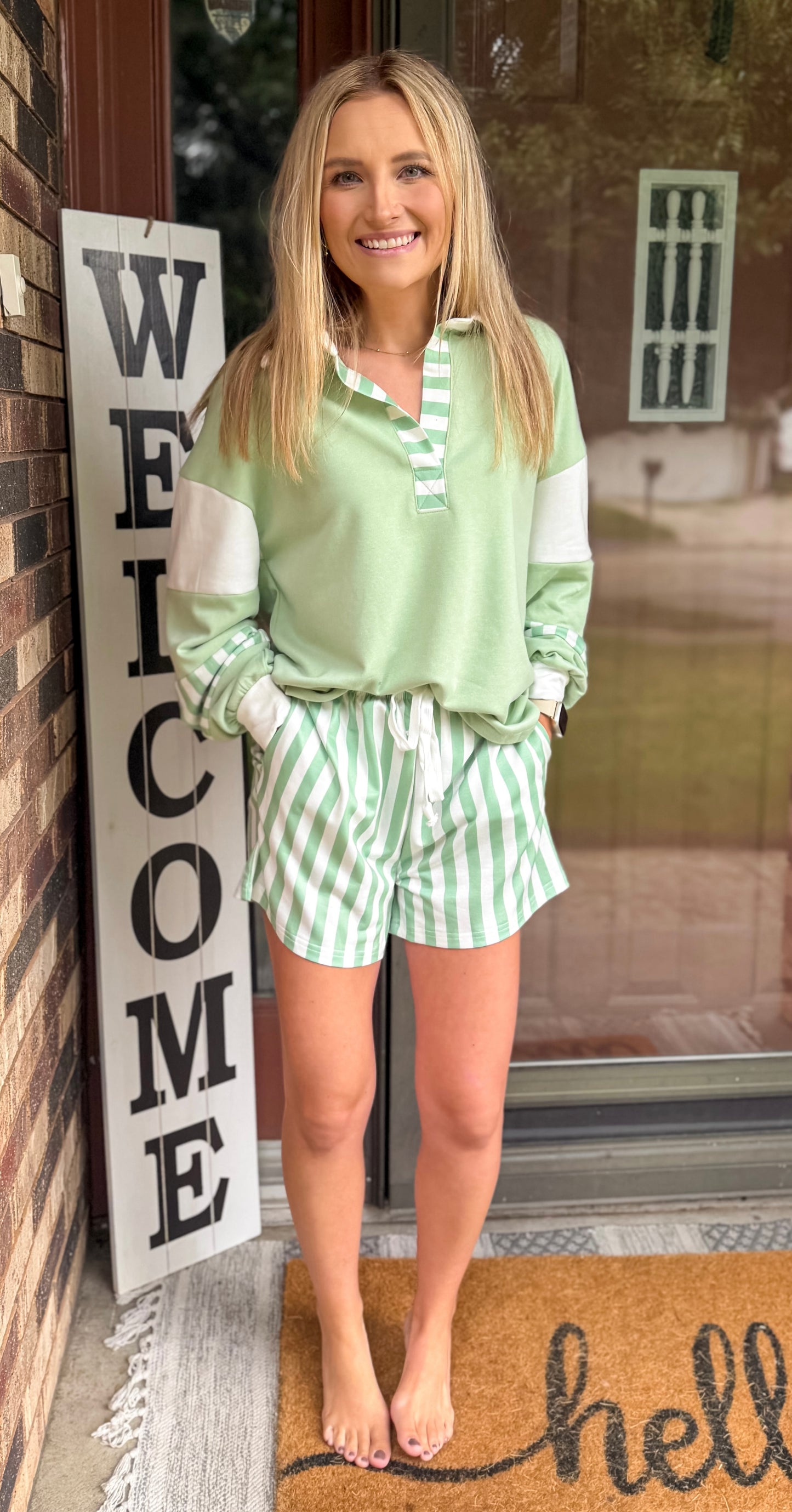Varsity Striped Lounge Set - green/white