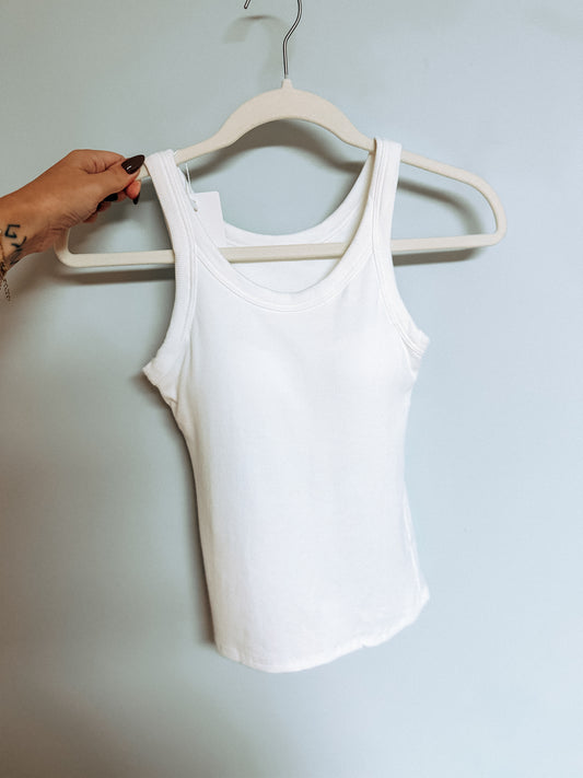 Ribbed Tank with Built In Bra - white