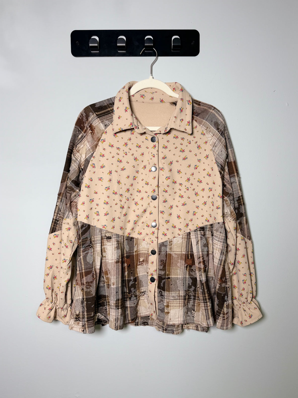 Floral Plaid Patchwork Distressed Shacket