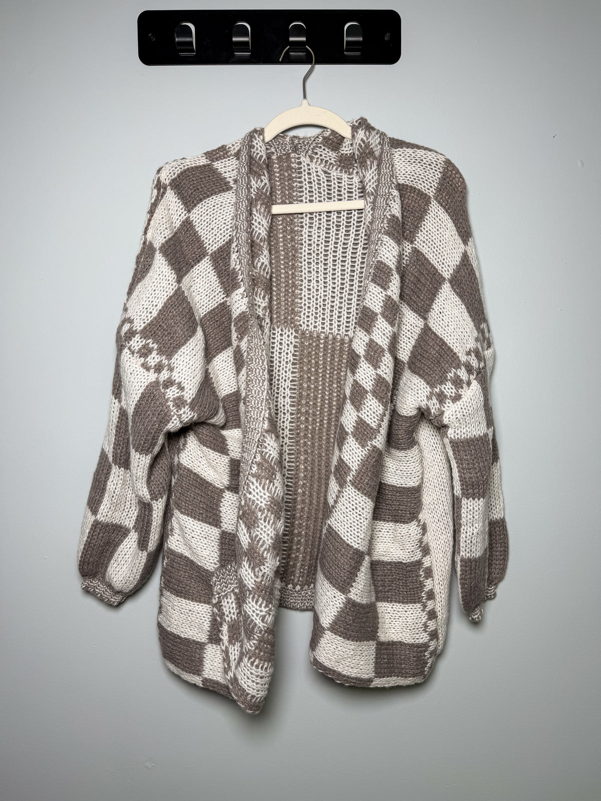 Checkerboard Knit Cardigan - Taupe