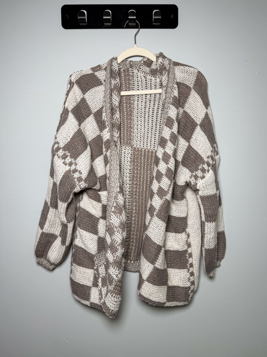 Checkerboard Knit Cardigan - Taupe