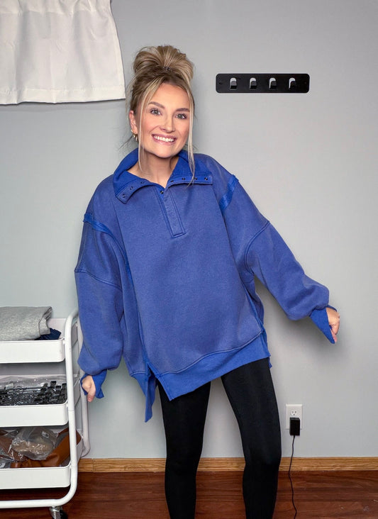 MINERAL WASH SNAP PULLOVER - COBALT BLUE