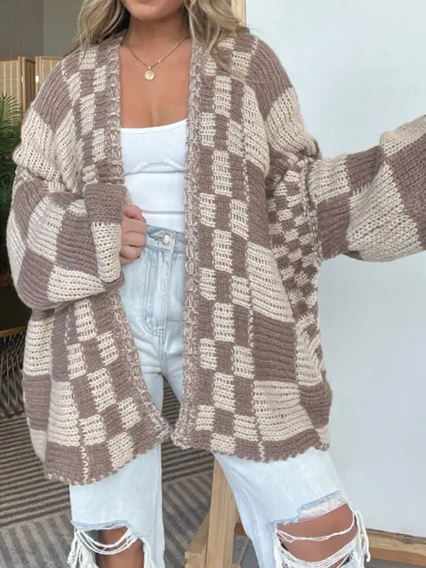 Checkerboard Knit Cardigan - Taupe